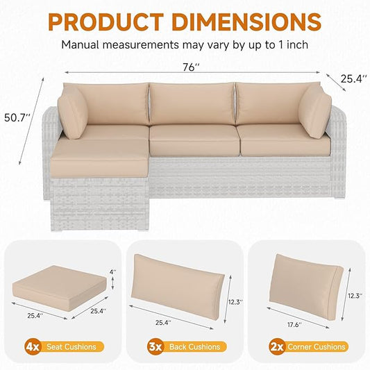 HOMREST Outdoor Sectional Cushions Set of 9, Waterproof Patio Furniture Cushions for 4-Seat Rattan Wicker Sofa, Deep Seat Couch Cushions with Non-Slip Bottom & Machine Washable Covers,Khaki