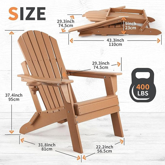 FUNBERRY Folding Adirondack Chair Set of 2, All Weather HDPE Fire Pit Chairs with Cup Holder for Outdoor