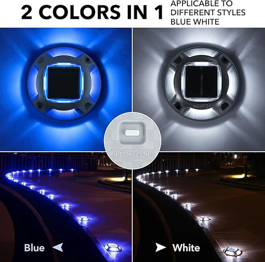 AGPTEK Solar Driveway Lights Outdoor 8 Pack, 2 Color Modes LED Deck Dock Marine Waterproof Security Marker Lights for Step Sidewalk Stair Garden Pathway Walkway Yard(Blue Light/Cool White)
