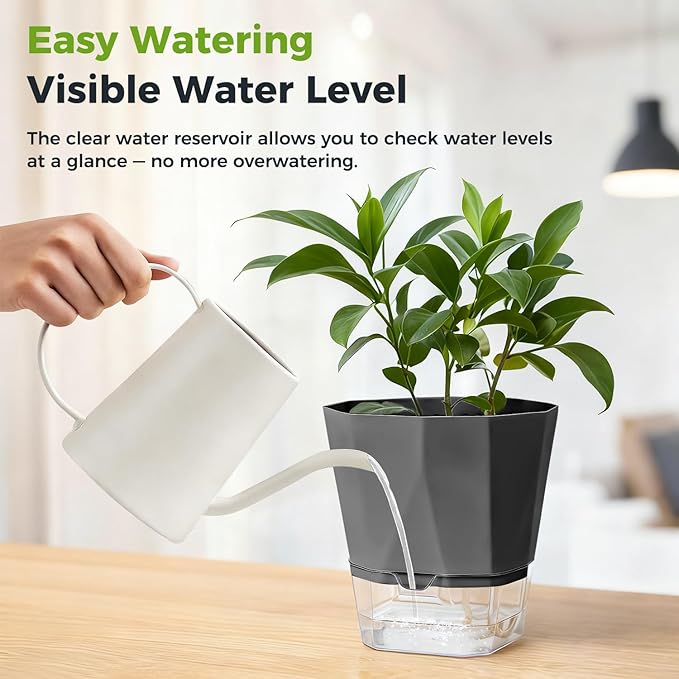 5 Pack Self Watering Pots for Indoor Plants, 5/6.7/8.4 in Self Watering Planters African Violet Self Watering Clear Pots for Plants Herb Orchid Flower Houseplant Pots, Dark Grey