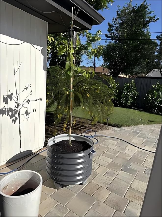 Rolling Metal Citrus Tree Planter, Self-Watering Round Planter Box for Porch Patio & Backyard, Raised Garden Bed with Wheels for Growing Trees Tomatoes Vegetables and Flowers, Single Pack-Modern Gray