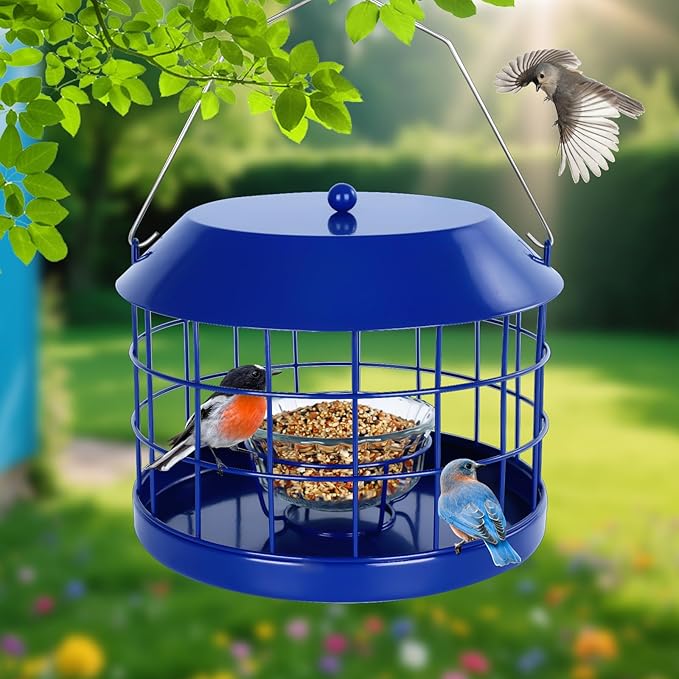 Gbekery Caged Bluebird Feeder for Mealworms with Glass Bowl, Squirrel Proof Bird Feeder for Small Birds Only, Detachable Hook, Large Space, Outdoors Weatherproof, Metal, Blue