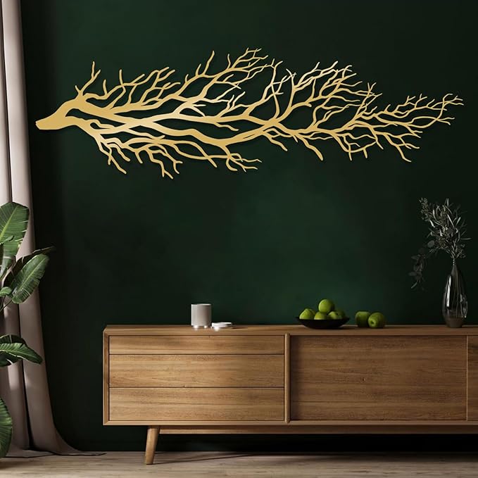 Metal Tree Branch Wall Art, Dry Ivy Nature Sculpture, Home Decor Sign, Large Housewarming Gift (11"x35"|28x90cm, Silver)