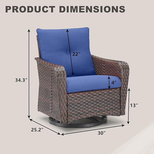 Rilyson Outdoor Patio Swivel Rocker Chairs - 2 PC Wicker Rattan Patio Rocker Glider Chair Set with High Back,Comfy Cushions and Deep Seating for Porch Deck Backyard Garden(Brown/Blue)