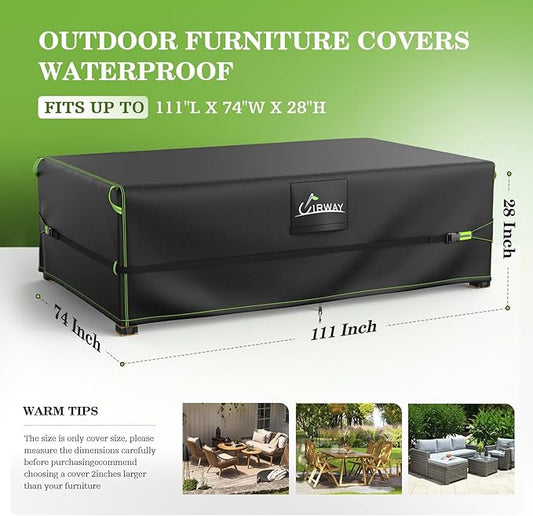 UIRWAY 600D Heavy Duty Outdoor Furniture Covers-Upgraded 5 Layers Tough Oxford fabric Waterproof Patio Table Cover for Table and Chairs with Triple-Layer Windproof Design Fits 111"L × 74"W × 28"H