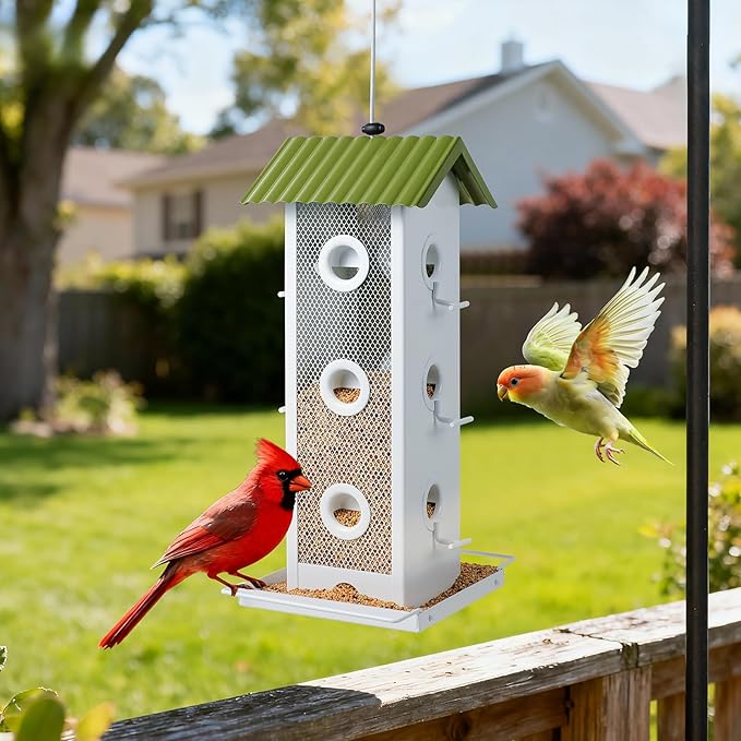 Squirrel-Proof Bird Feeder for Outdoors Hanging | 14-Port Multi-Bird Viewing | All Metal, Waterproof & Easy-Clean | Attracts Cardinals, Finches, Chickadees & More (Crisp White & Green)