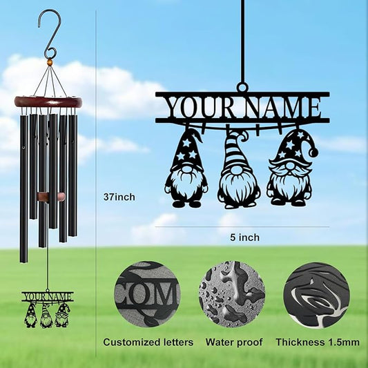 Personalized Customize Name Gnome Wind Chime, Metal Iron 37 Inch Outdoor Memorial Gift for Garden Yard Patio Home Decor, Black,Christmas (Style F)