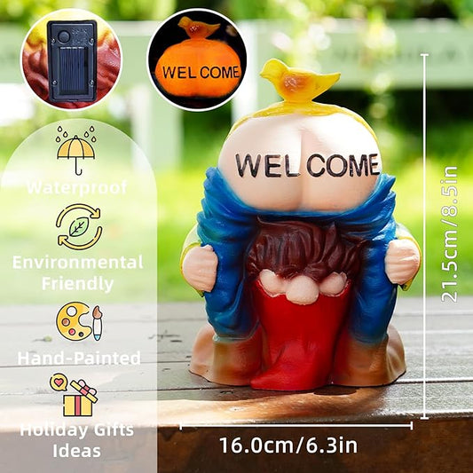 Solar Garden Statues Lights, 8.5" Christmas Outdoor Gnome Figurine with Auto On/Off for Yard Patio Decor, Gifts for Women, Grandma, Mom, Housewarming (Welcome Gnome)