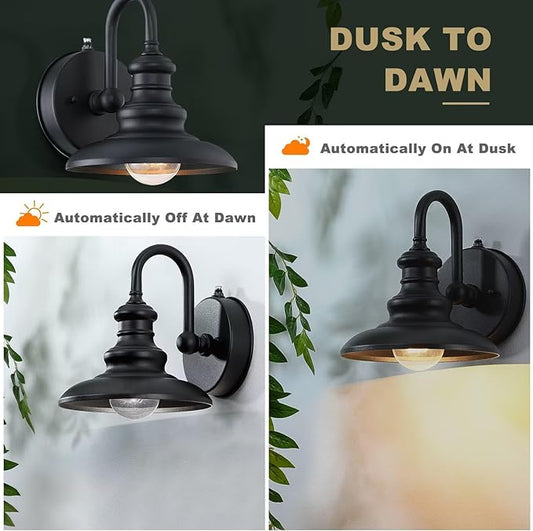 LONEDRUID Dusk to Dawn Sensor Outdoor Wall Sconce Black Exterior Gooseneck Barn Light Fixtures Waterproof Farmhouse Wall Mount Porch Lighting Anti-Rust Outside Lantern for House Garage Entryway