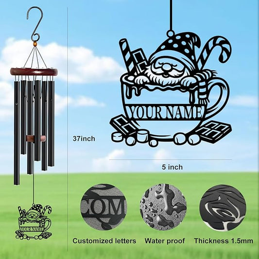 Personalized Customize Name Gnome Wind Chime, Metal Iron 37 Inch Outdoor Memorial Gift for Garden Yard Patio Home Decor, Black,Christmas (Style D)