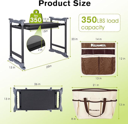 Garden Kneeler and Seat with Umbrella, 2-in-1 Foldable Gardening Stool with Adjustable Bracket, Detachable Tool Bags, Heavy Duty Kneeling Pad for Gardening (Brown)