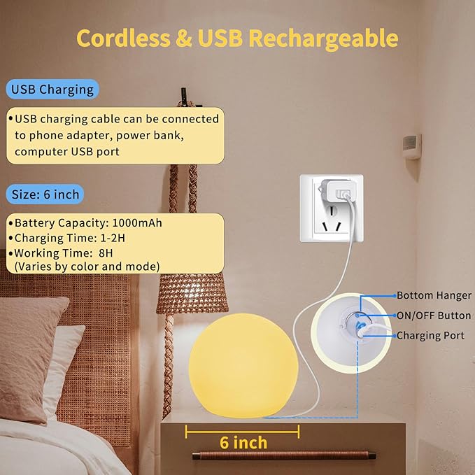 LED Ball Light,6-Inch Cordless Orb Light with Remote,16 Color Changing Night Light for Kids,Rechargeable Mood Lamp,IP68 Waterproof for Home,Party,Pool,Christmas Decor