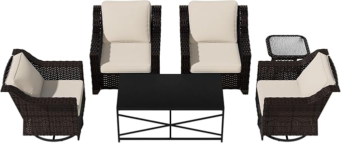 Vista Vibe 6 Pieces Outdoor Rattan Patio Conversation Furniture Set - 360 Degree Swivel Glider Rocker Chairs | Coffee Table | 2 Wicker Chairs, Washable Cushions, Terrace, Sunroom (Brown/Beige)
