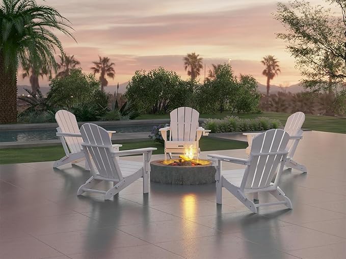 Ciokea Folding Adirondack Chair 4 Pack, Patio Adirondack Chair Weather Resistant, Plastic Fire Pit Chair with Cup Holder, Lawn Chair for Outdoor Porch Garden Backyard Deck (White)