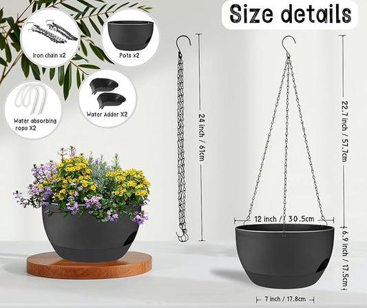 2 Pack 12 Inch Large Hanging Planters with Chains Self Watering Black Plastic Hanging Pots for Indoor Outdoor Plants, Garden Porch Home Decor,Black