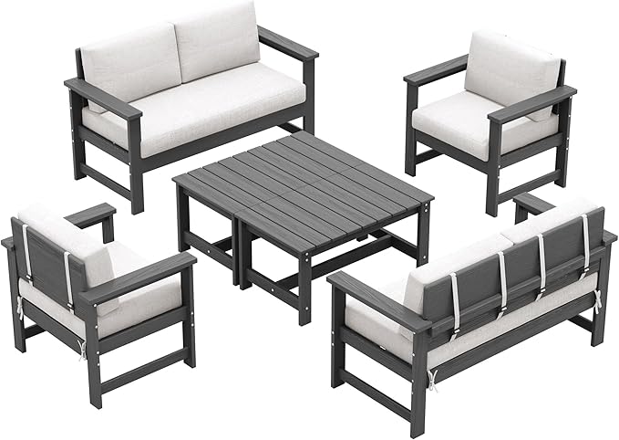 SERWALL 6 Pieces HDPE Outdoor Sofa Set with Cushions, Outdoor Conversation Couch Loveseat Furniture Set with Coffee Table for Balcony, Deck, Poolside, Grey Frame with Khaki Cushions