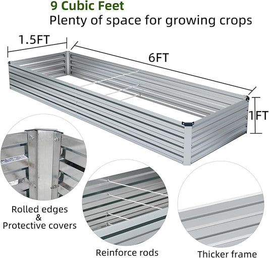 Meberam 2 Pack 6x1.5x1FT Galvanized Raised Garden Beds Kit Outdoor Metal Gardening Planter Box for Vegetable Elevated Flower Herbs,Silver