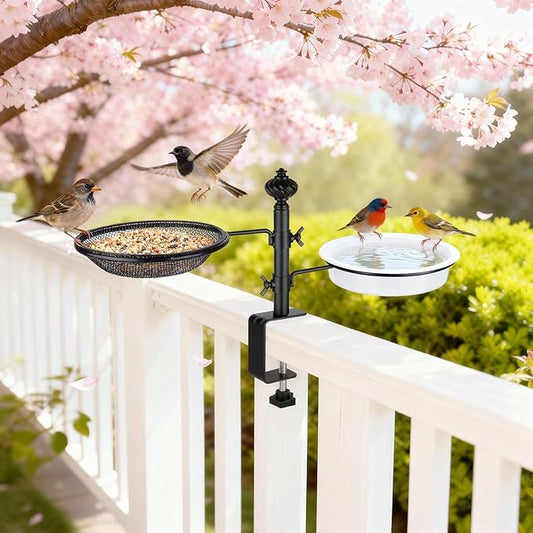 Deck Bird Feeders with Metal Tray and Water Bowl, BOLITE Balcony Bird Feeders Detachable Adjustable Heavy Duty Clamp Bracket, Attracting Birds, Black, Gifts for Women Men