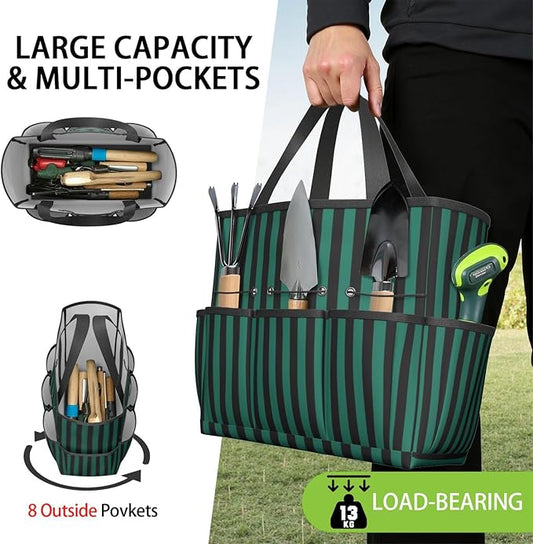 Classic Garden Tool Bag - Waterproof Green Checkered Garden Tote with 8 Pockets, Large Storage Home Organizer Gardening Tool Oxford Bag for Garden Tools Kits Holder, Gardening Gift for Women & Men