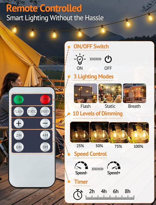 25FT Solar String Lights Outdoor with Remote, Waterproof Dimmable 3 Modes Patio Lights with 10+1 LED Shatterproof G40 Bulbs for Backyard-Black