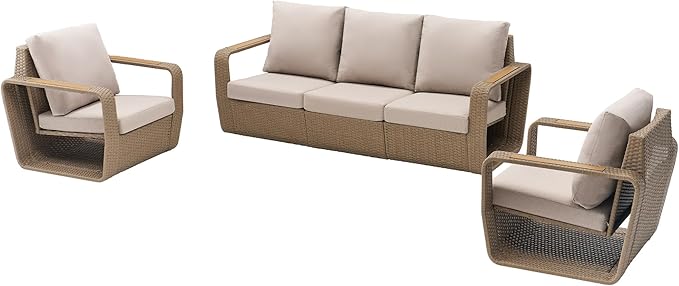 Jocisland 3-Piece Outdoor Patio Furniture Set, 82" Rattan Sofa & 2 Wicker Chairs with Under-Seat Storage, Deep Cushions & High Backrests, for Backyard Small Patios Balconies