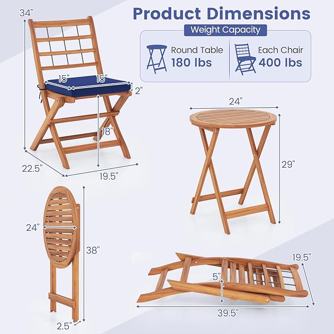 HAPPYGRILL 3 Pieces Acacia Wood Patio Bistro Set, Folding Outdoor Table and Chairs Set with Cushions, Outdoor Patio Furniture Set for Porch, Balcony, Deck, Garden, Backyard (Navy)