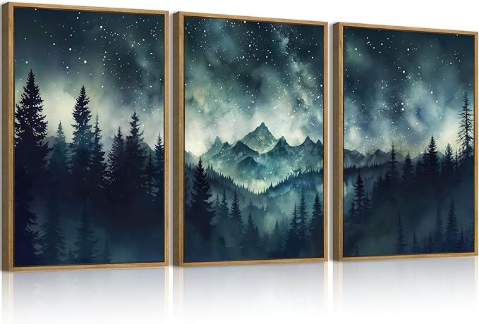 Large Mountain Framed Wall Art 16x24 Inch Dark Forest Starry Sky Canvas Wall Decor Modern Nature Wilderness Art Print for Living Room Bedroom Office Set of 3