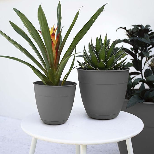 Bloem Dayton 8" Charcoal Recyled Plastic Planter Pot with Drainage Holes and Removable Saucer for Indoor and Outdoor Gardening