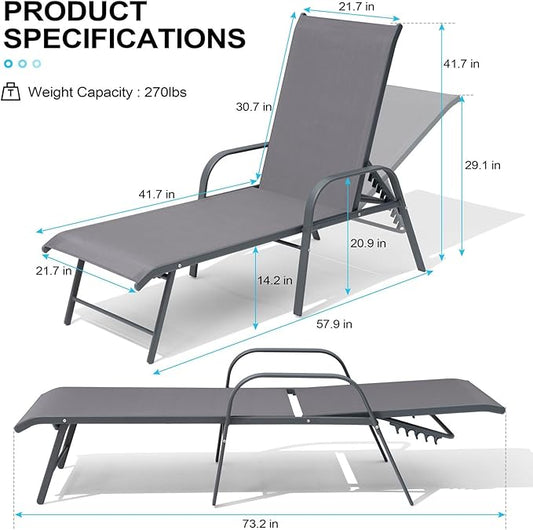 Crestlive Products Chaise Lounge Chair Outdoor with Armrests, Pool Lounge Chairs Set of 4, Aluminum Adjustable 5 Positions Sun Tanning Lounger for Patio, Poolside, Yard, Deck, Backyard (Grey)