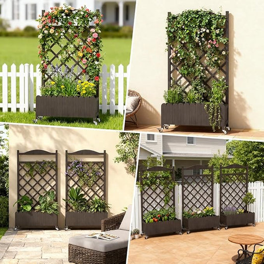 COMHOMA 2 Pack Raised Garden Bed with Trellis and Wheels,48Inch Elevated Planter Box with Drainage Holes,Lattice Privacy Screen for Climbing Plants Vegetables,Outdoor for Patio Balcony Yard,Brown