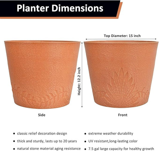 GreenShip 15 inch Large Planters, Set of 2 Relief Planters - Recycled Resin & Stone Composite Flower Pots - Weather Resistant Lightweight Garden Pots for Indoor Outdoor Plants