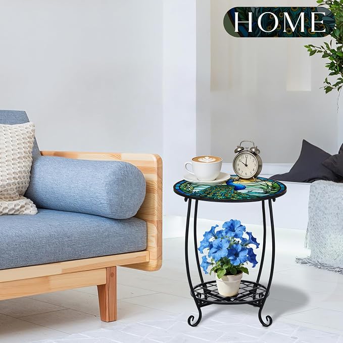 Cinnvoice Outdoor Side Table Round Small Mosaic Patio Accent Indoor End Plant Coffee Tea Table for Yard Patio Porch Garden Living Room, Bedroom(Peacock Style,12 Inch)