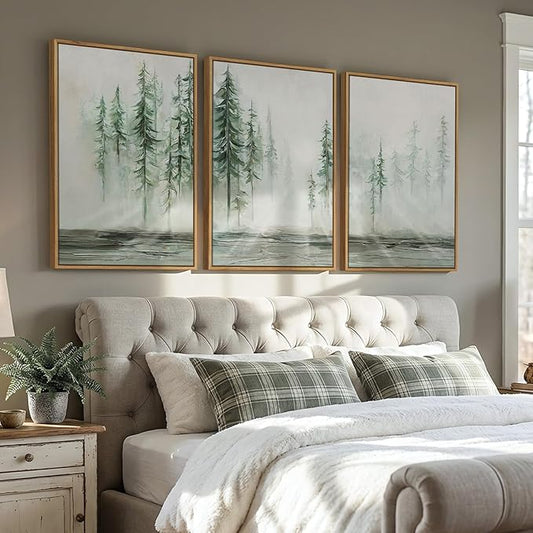 Framed Green Abstract Landscape Wall Art for Living Room, Large 3 Piece Neutral Forest Tree Canvas Artwork for Walls, Modern Wall Art Decor Nordic Painting Picture Prints for Hallway Office 24x36 Inch