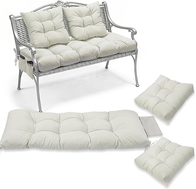 3 Pcs Wicker Chair Cushions Patio Loveseat Chaise Cushion Set - 1200D 47x19*4 Inch Waterproof Wicker Bench Cushions with 2 19x19x4 Inch Chair Cushions for Garden Porch Wicker Patio Furniture(White)