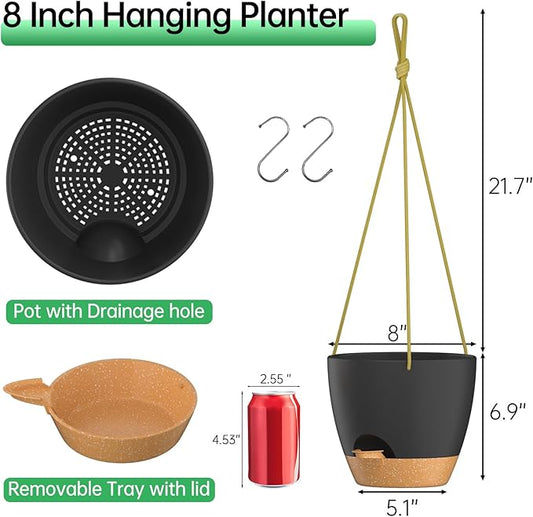 ZMTECH 8 Inch Hanging Planters for Indoor Outdoor Plants, 2 Pack Self Watering Hanging Plant Pots with Drainage Holes and Removable Saucer, Plastic Flower Hanging Pots with Watering Lip (Black)