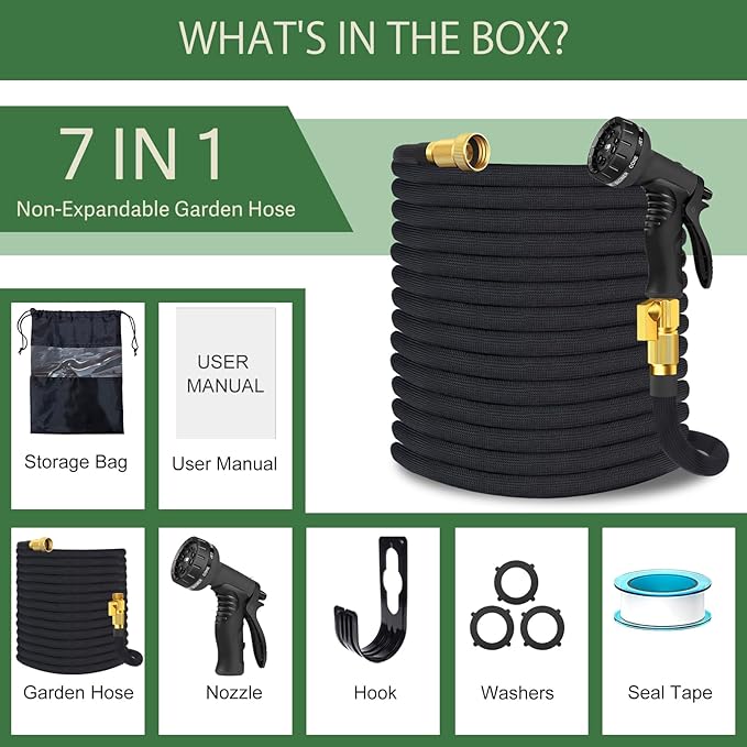 Garden Hose Non-Expandable 25 ft, Lightweight Flexible Water Hose with 10-Pattern Spray Nozzle, Leak Proof, Kink-Free, Portable Hose for Yard, Lawn, Camper, High-Density Fabric, Black