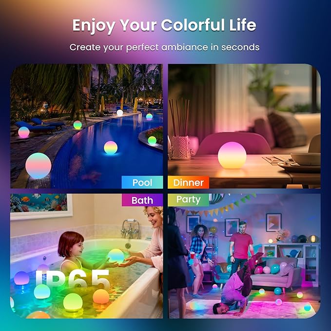 LOFTEK 3-inch Rechargeable LED Ball Lights, Sphere Night Light, 16 RGB Color Glowing Mood Lighting, IP65 Waterproof Ambient Light for Home Bedroom Patio Pool Bathtub Decorative Lighting, 6 Pack