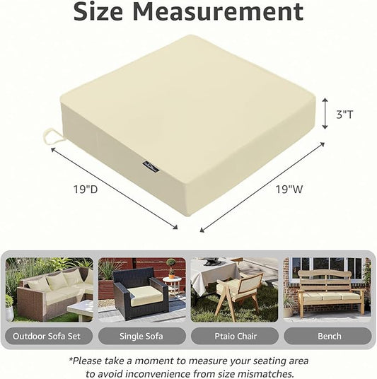 PatioGlow Outdoor Chair Cushions 19 x 19 x 3 Inch, Waterproof & Fade Resistant Patio Seat Cushion for Furniture with Handle and Ties, Thick Seating Pads for Outside Sofa Couch Set of 2, Beige