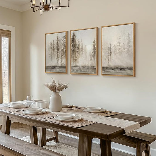 Framed Neutral Tree Set of 3 Wall Art Bedroom, Abstract Modern Rustic Landscape Beige Canvas Artwork for Walls, Nordic Misty Forest Farmhouse Wall Decor for Bedroom Hallway Office, 16x24 Inch