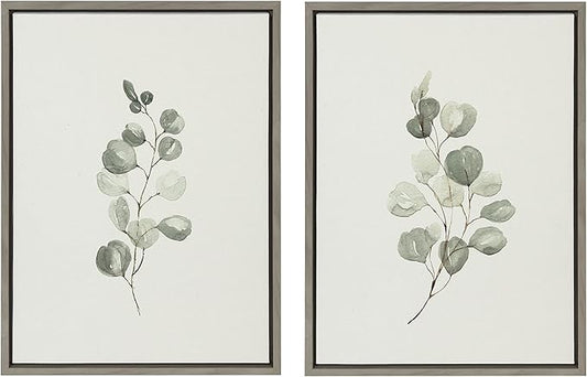 Kate and Laurel Sylvie Eucalyptus 4a & Eucalyptus 4b Framed Canvas Wall Art Set by Maja Mitrovic of Makes My Day Happy; 2 Piece 18x24 Gray; Farmhouse Plant Art Wall Décor