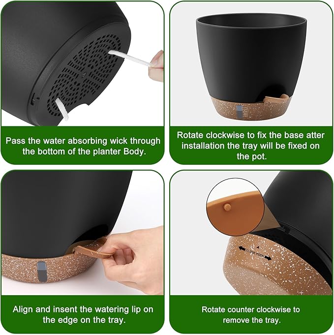QRRICA 12/10/9 Inch Self-Watering Plant Pots with Water Level Indicator, Drainage Holes & Saucers โ Large Plastic Planter Set for Indoor & Outdoor Plants(Black)