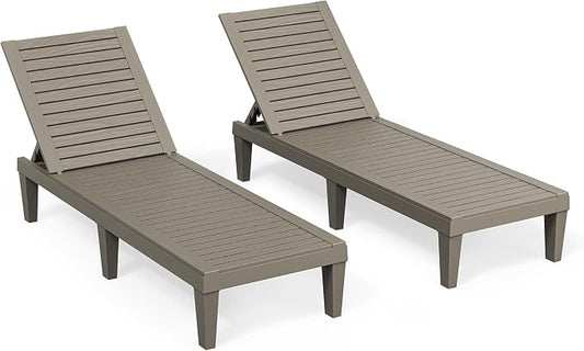 Outdoor Lounge Chairs Set of 2, 5-Position Adjustable Tanning Chairs with Wood Grain, All-Weather Resin Patio Recliners for Pool, Garden, Deck, Beach, Patio Lounge Chairs, Texture Grey
