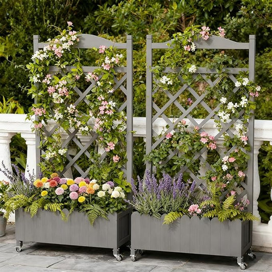 COMHOMA 2 Pack Raised Garden Bed with Trellis and Wheels,48Inch Elevated Planter Box with Drainage Holes,Lattice Privacy Screen for Climbing Plants Vegetables,Outdoor for Patio Balcony Yard,Gray