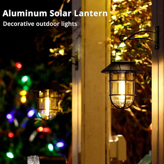 Solar Lantern Outdoor Hanging Solar Lights, Waterproof Metal Outdoor Lights with Clear Glass, LED Decorative Aluminum Wall Lantern with Hooks, Bronze