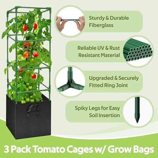 3 Pack Tomato Cages with 17 Gallon Grow Bags - 48 Inch Square Plant Support Trellis Tomato Planter Pots Kit - Garden Stakes for Vertical Climbing Plants Vegetable Flower Fruit Outdoor Indoor