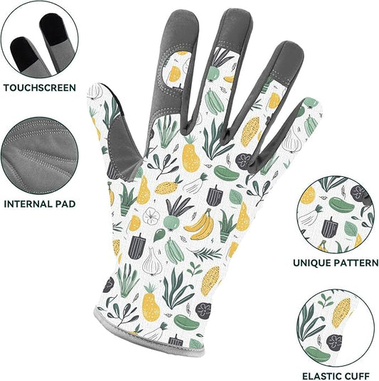 Gardening Gloves for Women, Printed Touchscreen Garden Gloves with Grip, Thorn-Proof Puncture-Resistant Work Gloves