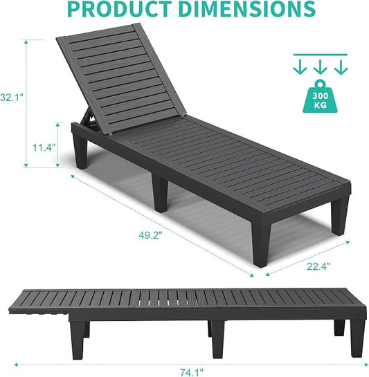 Outdoor Chaise Lounge Chairs Set of 4, 5-Position Adjustable Tanning Lounge Chairs with Wood Texture, All-Weather Resin Patio Lounge Chair for Pool, Garden, Deck, Beach, Striped Black