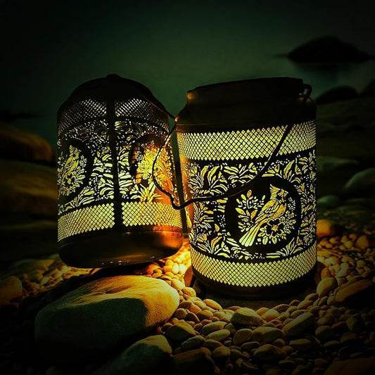 Solar Lantern with Hollow Metal Design, Garden Hanging Light, Copper Color for Outdoor Yard,Patio,Garden Decor (2)