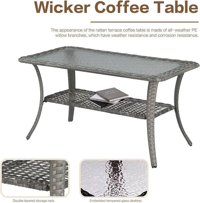 5 Pieces Outdoor Patio Furniture Conversation Set PE Rattan Wicker with 2 Swivel Glider Rocker Chairs, 2 Coffee Table and 1 Loveseat for Yard Backyard Poolside (Grey/Orange)