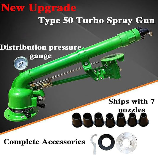Farm Irrigation Sprinkler with Pressure Gauge, 2" Farm Irrigation Spray Gun, 360° Rotary Large Area Watering Spray, Flange Connection, for Farmland, Farm, Industrial Dust Removal